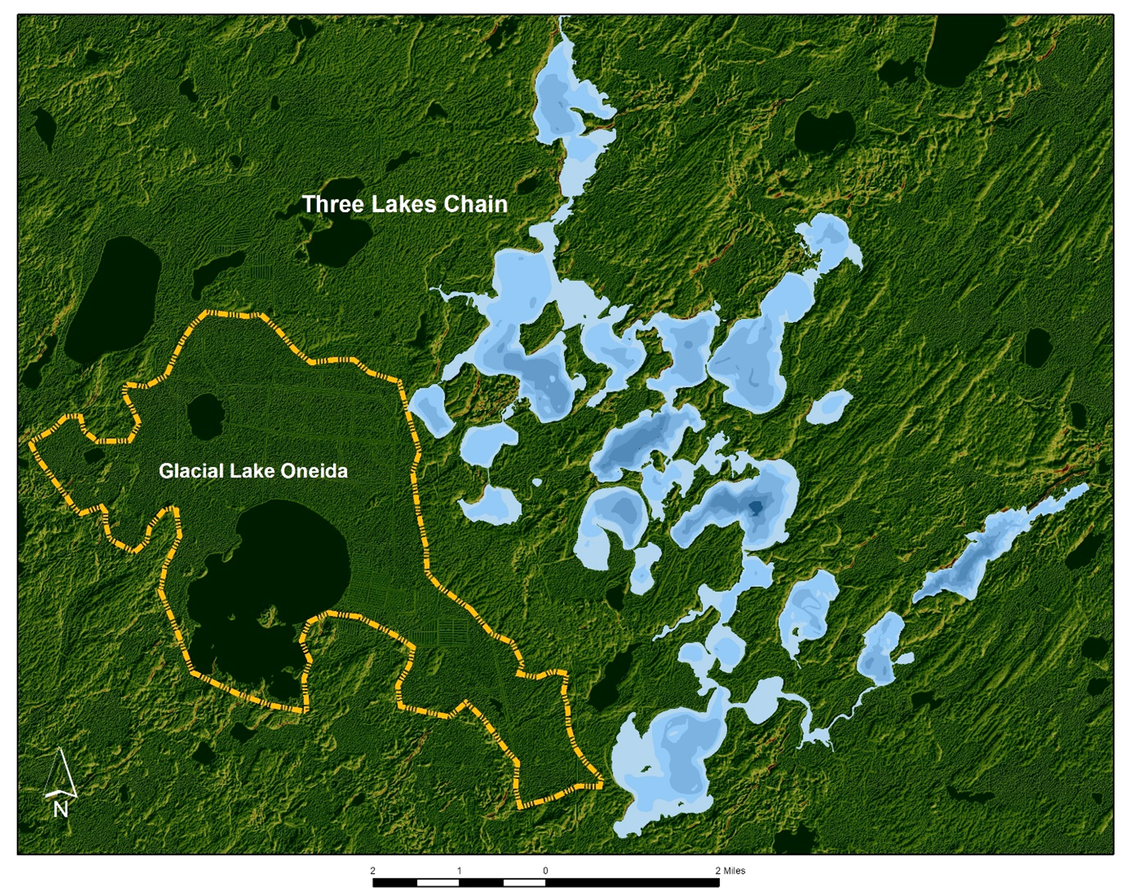 DEM topographic map of the three lakes chain and bathymetry