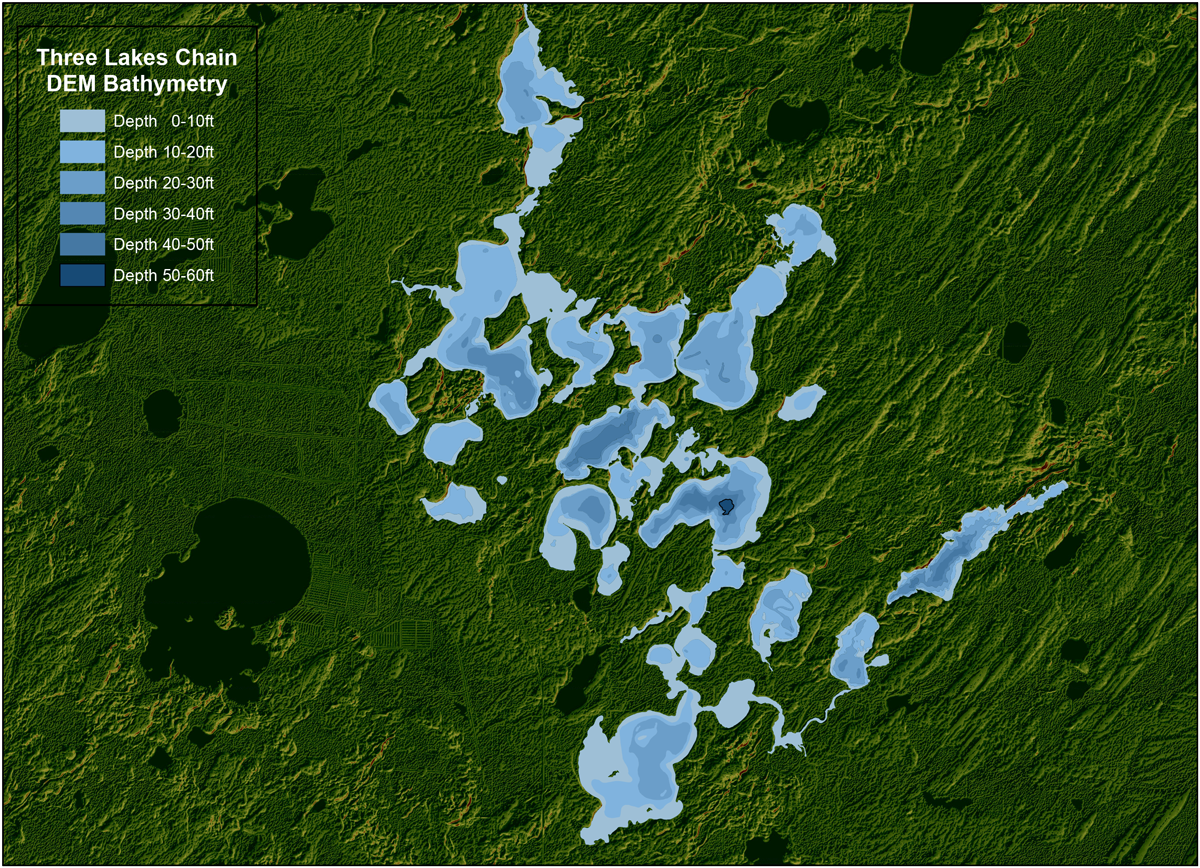 topographic map of the three lakes chain