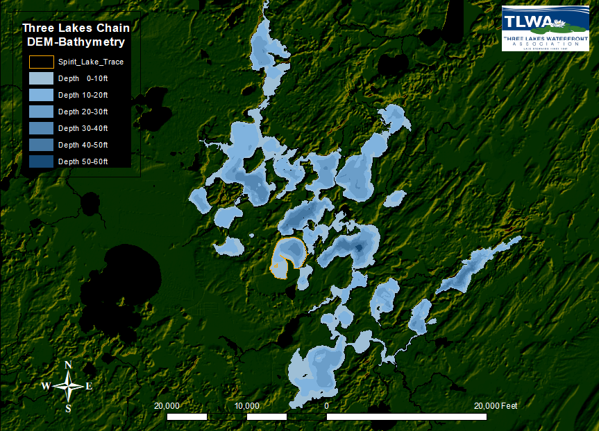 topographic map of the three lakes chain