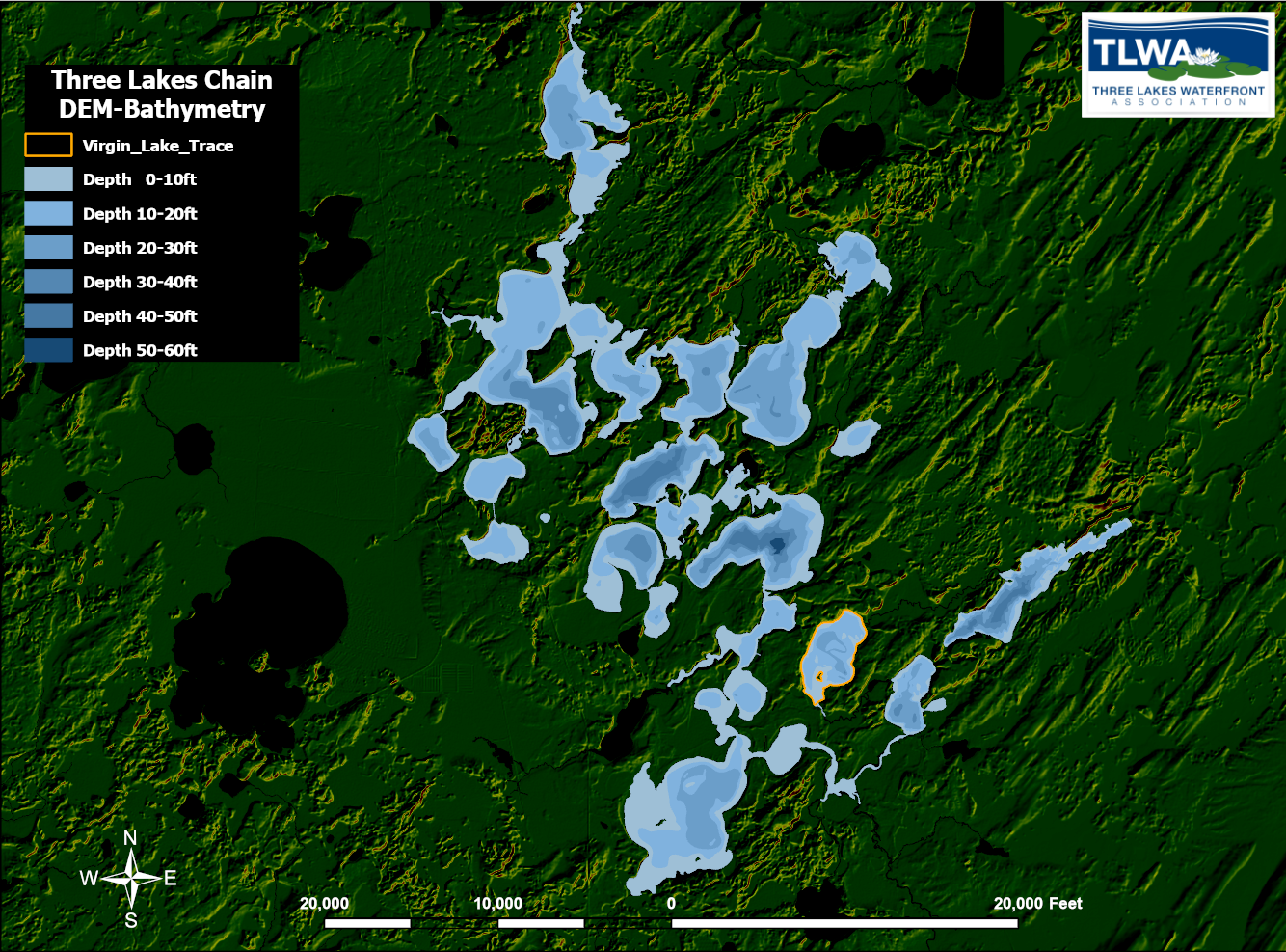 topographic map of the three lakes chain